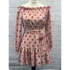 Pretty Little Thing Summer Skater Dress Size 10 Off TheShoulder Pink Polka Dots