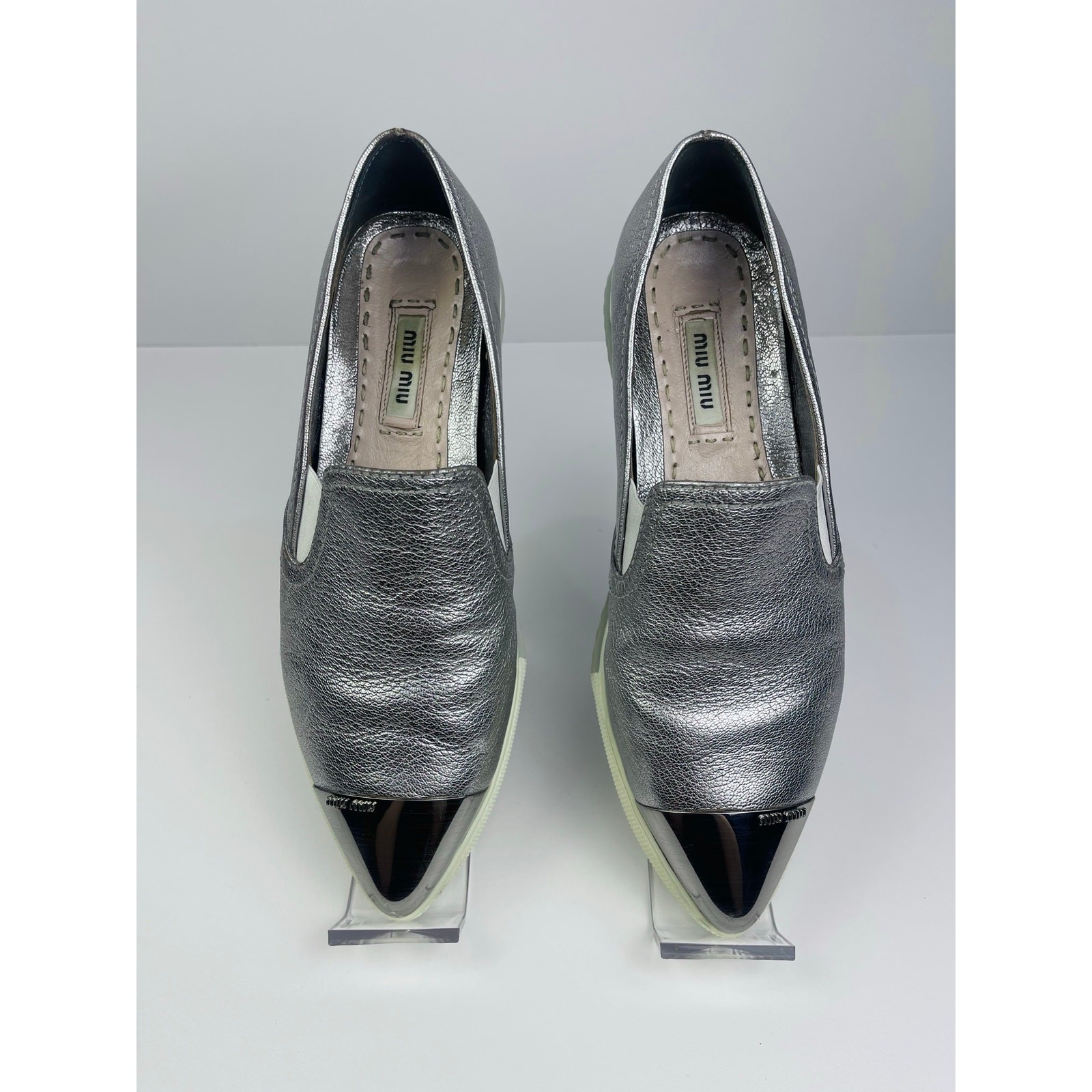 Miu Miu Silver Leather Pointed Toe Slip-On Sneaker Loafers Size 5.5 Prada Sister Brand
