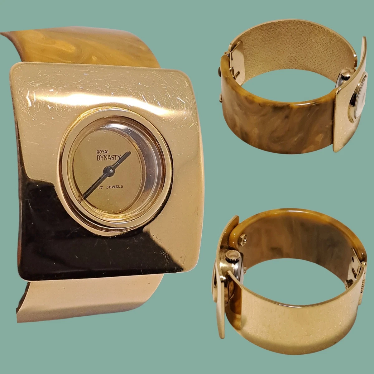 Royal Dynasty 17 jewel Hinged Green Marbled Bakelite Swirl Bangle Watch untested DYNASTY Women Wristwatches | eBay main image 2