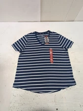 Gap Women's Soft Jersey Relaxed Short Sleeve V-Neck Top Navy Striped Sz XL BR1