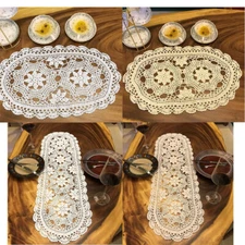 Vintage Hand Crochet Lace Table Runner Oval Dresser Scarf Flower Doily Wedding