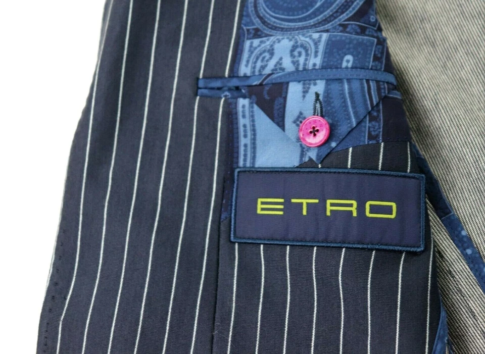 $1540 Abrigo Deportivo ETRO 38 (48 EU) Azul Marino Blanco Rayas Seda Algodón Blazer Calce Ajustado Foto 2 de 4