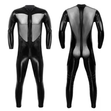 #M-3XL Men Women Wet Look PVC Leather Jumpsuit Bodysuits Leotard Catsuit Costume