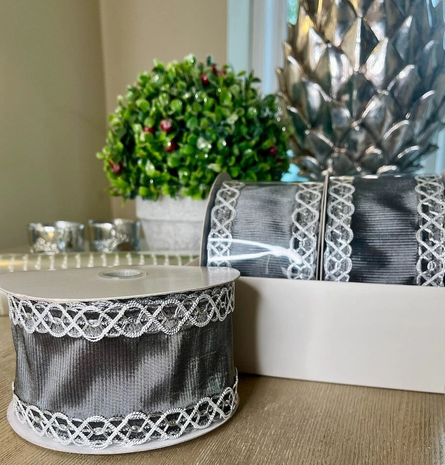 12 x Rolls Silver Grey and White roll of wire edge ribbon 6cm x 9 meters - Image 2 of 4