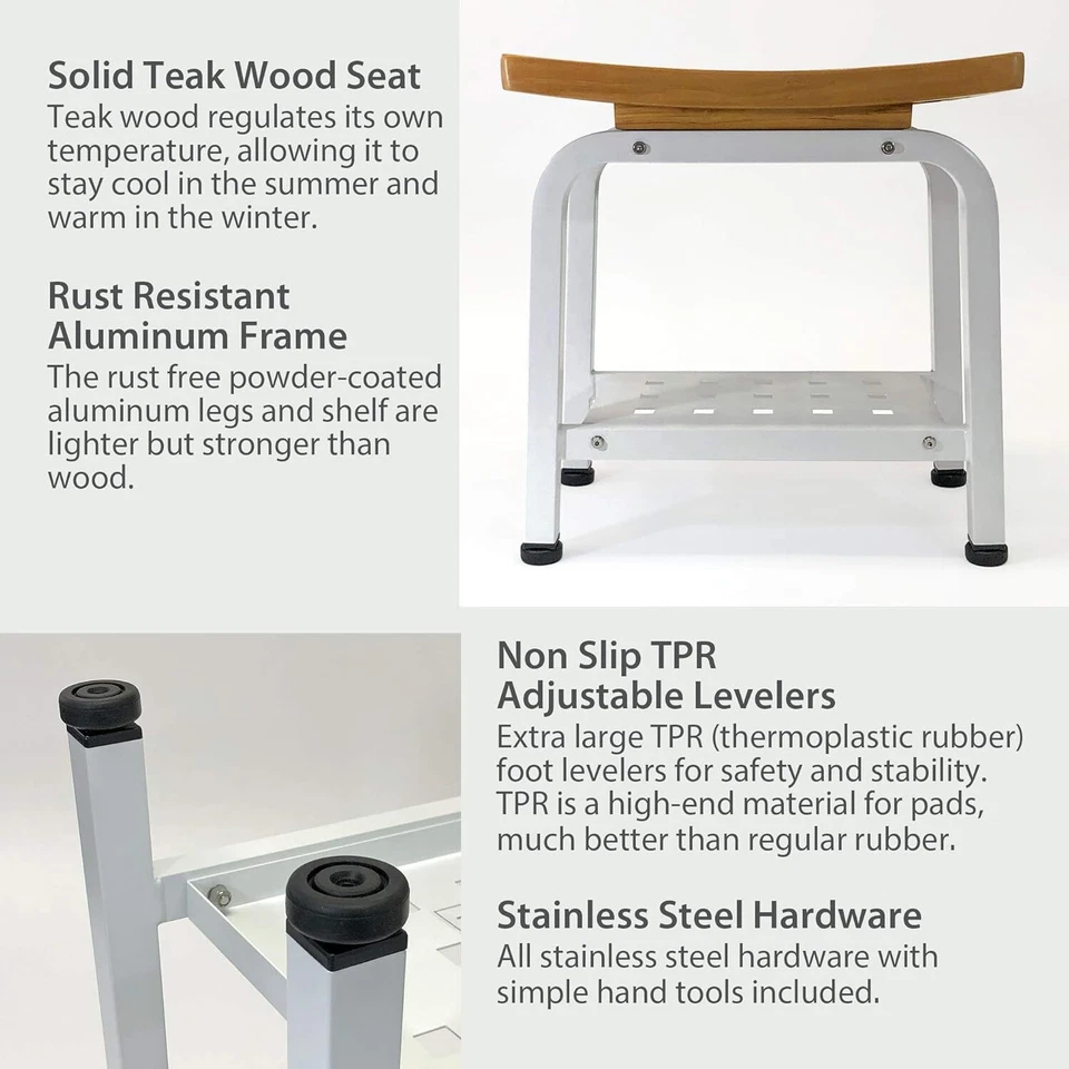 Bali Shower Bench Teak & Aluminum Bath Stool Chair Side Table Light Beige - Image 4 of 4