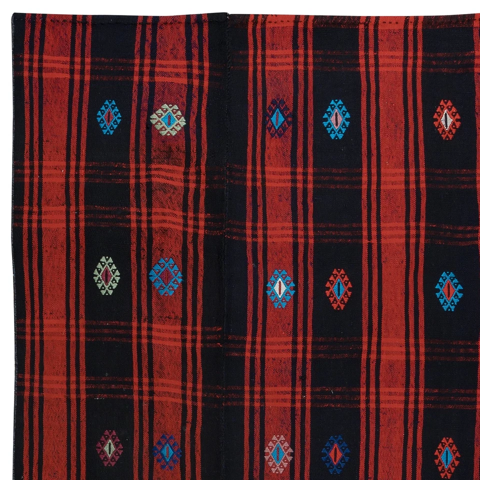 4.6x8 Ft Vintage Hand-Woven Kilim, Anatolian Rug in Red, Navy Blue & Black - Image 4 of 4