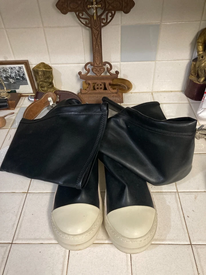 Rick Owens Stretch Lamb Leather Knee High Stocking Sneaks Black/Milk -US10-EU40 - Image 2 of 4