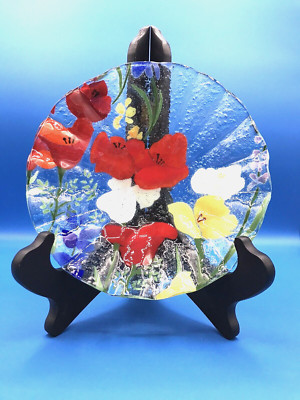 Signed A. Cross 7 1/2 '' Fused Glass Plate Bright Summer Flowers Trinket Dish