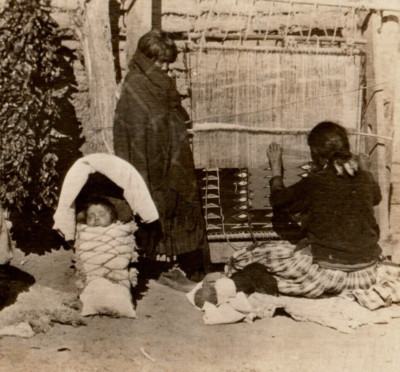c.1940 RPPC Native American Artisans Rug Weaving Loom Infant Baby Papoose Board