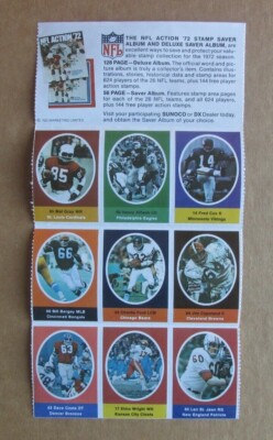1972 SUNOCO FOOTBALL STAMP SHEET OF 9 STAMPS MEL GRAY FRED COX BILL BERGEY COSTA