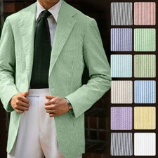 Seersucker Striped Men Suits Single Breasted Summer Wear Beach Jackets Formal