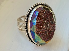 Brown Purple Druzy Quartz RING Size 6 Adjustable 18x24mm Drusy Sterling Silver