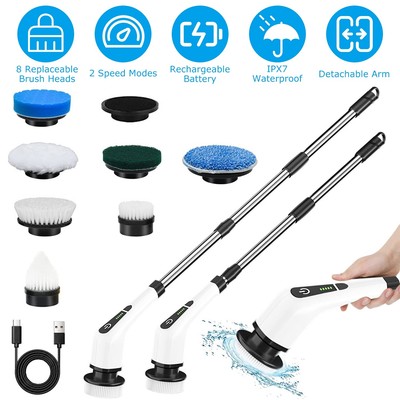 Electric Spin Scrubber Bathroom Shower Cleaning Brush 8 Replaceable Heads Handle