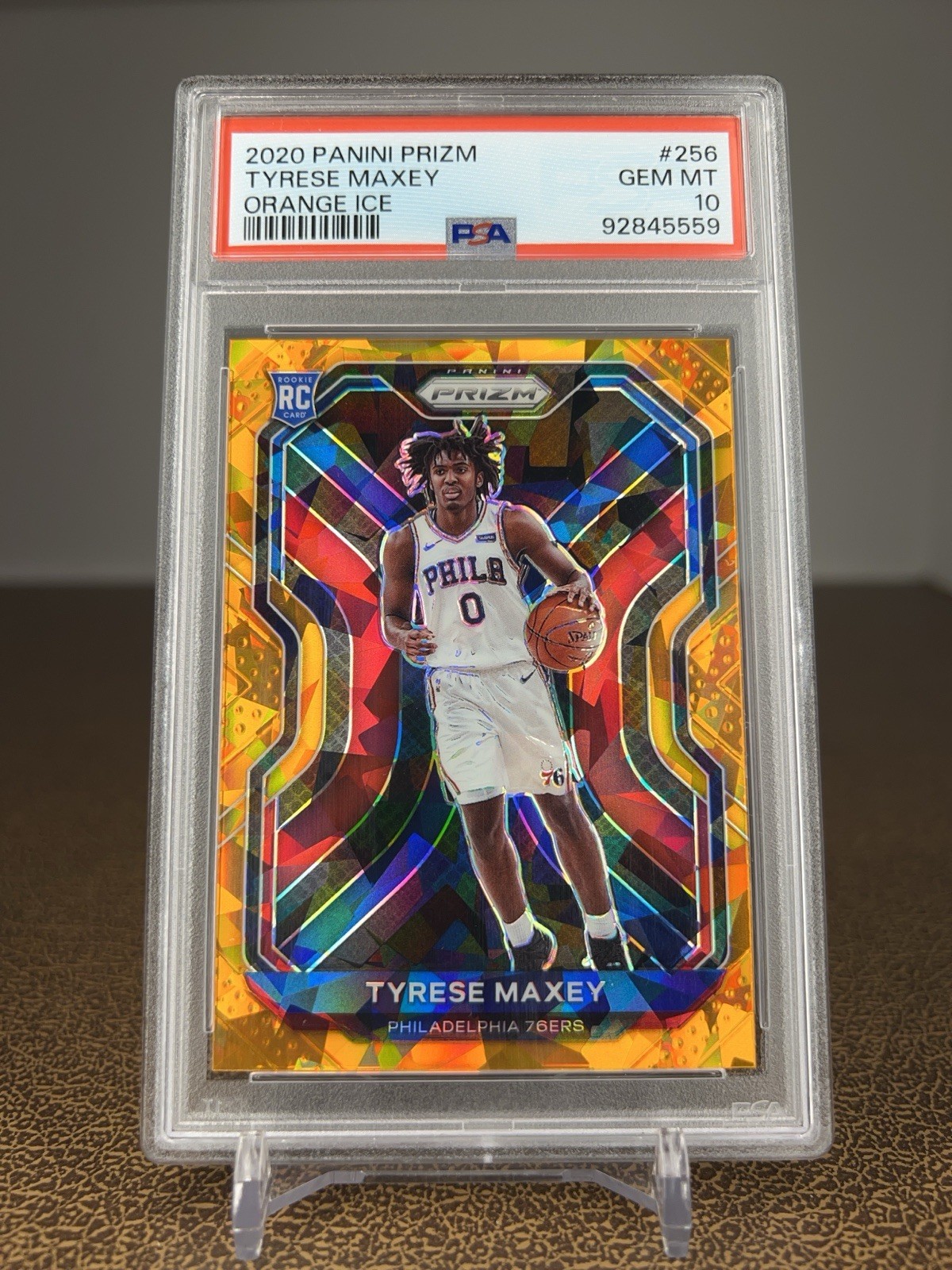 2020-21 Panini Prizm Tyrese Maxey Orange Cracked Ice Rookie RC PSA 10 Pop 66