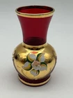 Vintage Murano Venetian Ruby Red Glass Bud Vase Gold Overlay Hand Painted