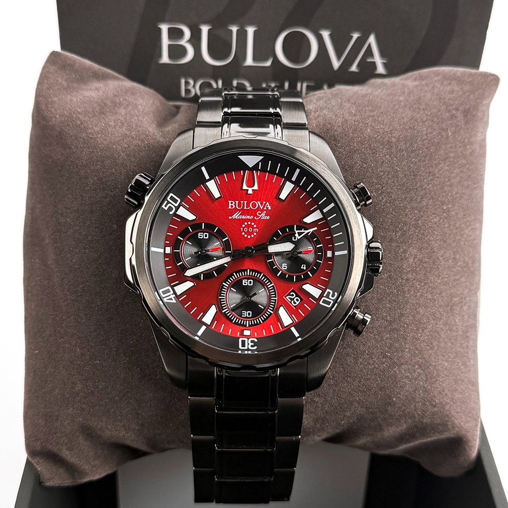 Bulova Men’s Chronograph Marine Star 43mm Red Dial Stainless Quartz Watch 98B350