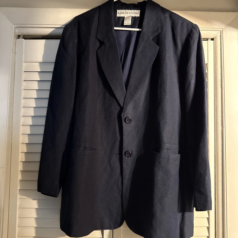 Blazer chaqueta ligera de carrera Adolfo Studio para mujer 16W azul marino mezcla de lino Foto 2 de 4