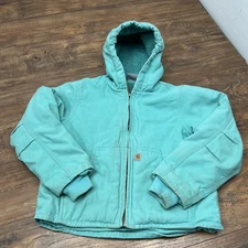 Carhartt Girls Turquoise Teal Blue Duck Canvas Hooded Sherpa Coat  Small 7-8