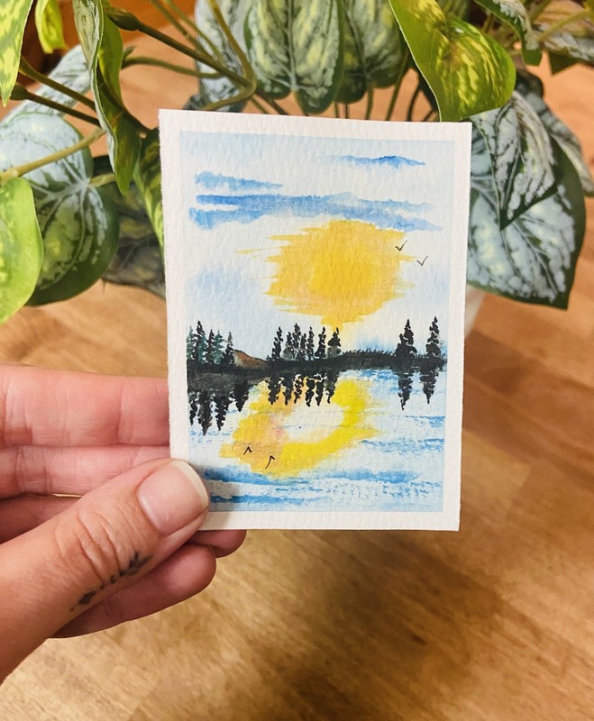 ACEO Original Art Miniature Card  sunrise River landscape f Gouache  -Andrea b 