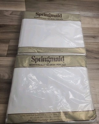 (2)Springmaid Womdercale Percale Long Twin Fitted White Vintage NIP 39×80 In
