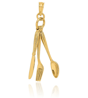 10K Massiv Gelbgold Großes Messer Gabel Löffel Charm Anhänger Halskette 27mm