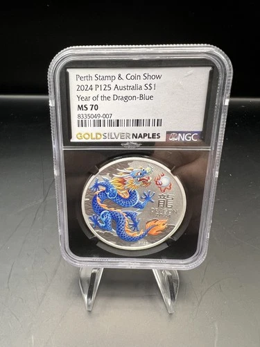 2024 Silver Lunar Year Dragon Blue NGC MS70 1oz $1 Perth Stamp-Coin Show Black C
