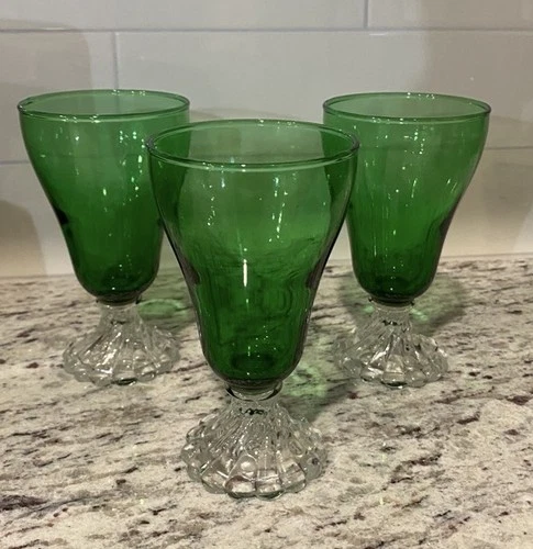 Vintage Anchor Hocking  Burple set 3 Green Glasses Goblets