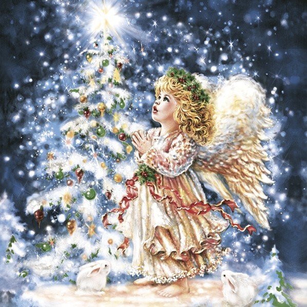 4 x Paper Napkins/3Ply/33cm/Decoupage/Praying Christmas Angel with Rabbits