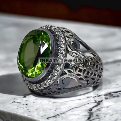 Peridot Oval Cut Gemstone With 14K Solid White Gold Ring For Men's #958