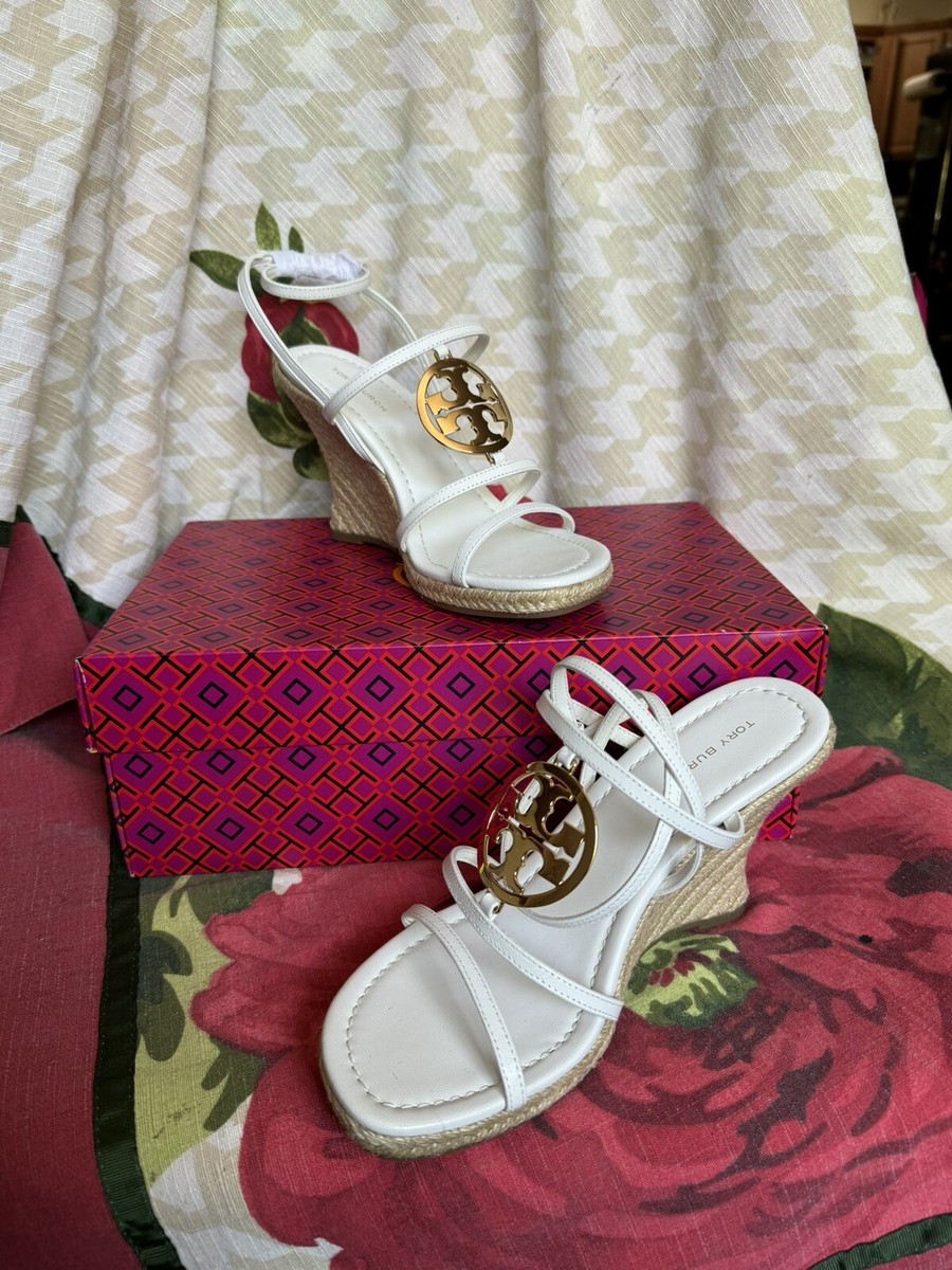 関送込【Tory Burch】Capri レザー ウェッジ エスパドリーユ Tory Burch 85 mm Capri Miller Espadrille Wedge/US11/Blanc