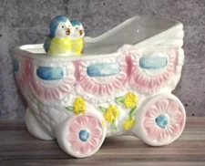 Vintage CMC Japan Ceramic Stroller  Buggy Baby Carriage Planter  Vase B52