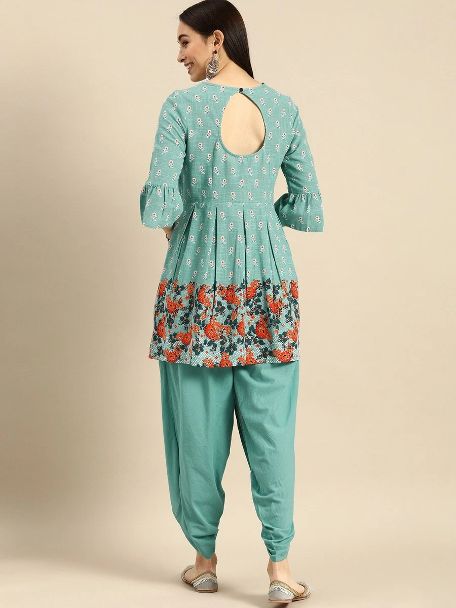 Women Turquoise Blue & White Printed Kurti with Dhoti Pants | eBay