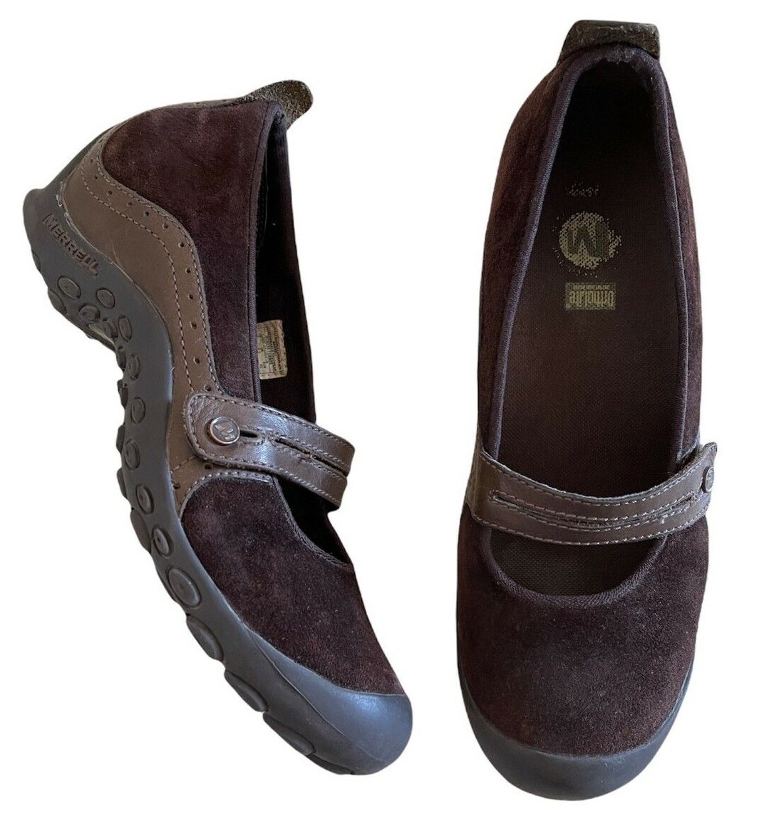 Scarpe Merrell Mary Jane scamosciate taglia 9M marroni zeppa tacco punta cappuccio comode casual
