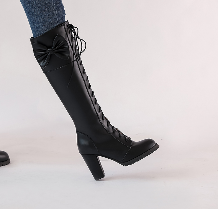 Women's Lolita Bowknot High Heel Lace Up Knee High Boots Round Toe Zip Oversize