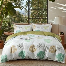 Duvet Cover Queen Size,Reversible Fallen Leaves Green Duvet Cover Set with Zi...