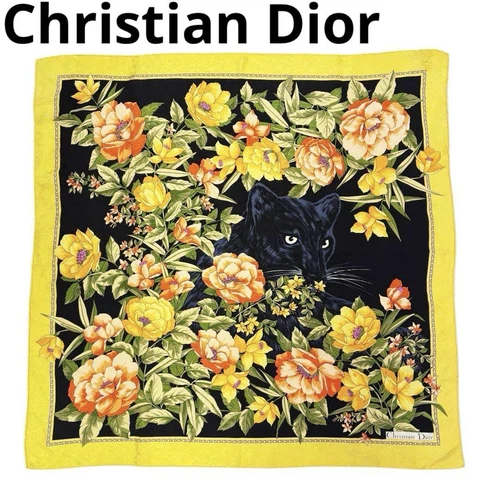 Christian Dior foulard en soie noir jaune léopard floral 32,7 pouces x 32,7 pouces