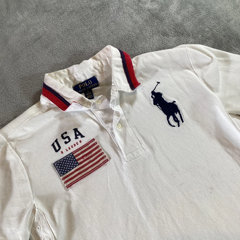 Polo Ralph Lauren Shirt Boys Medium 10-12 White USA Flag Big Pony Embroidered - Image 2 of 4