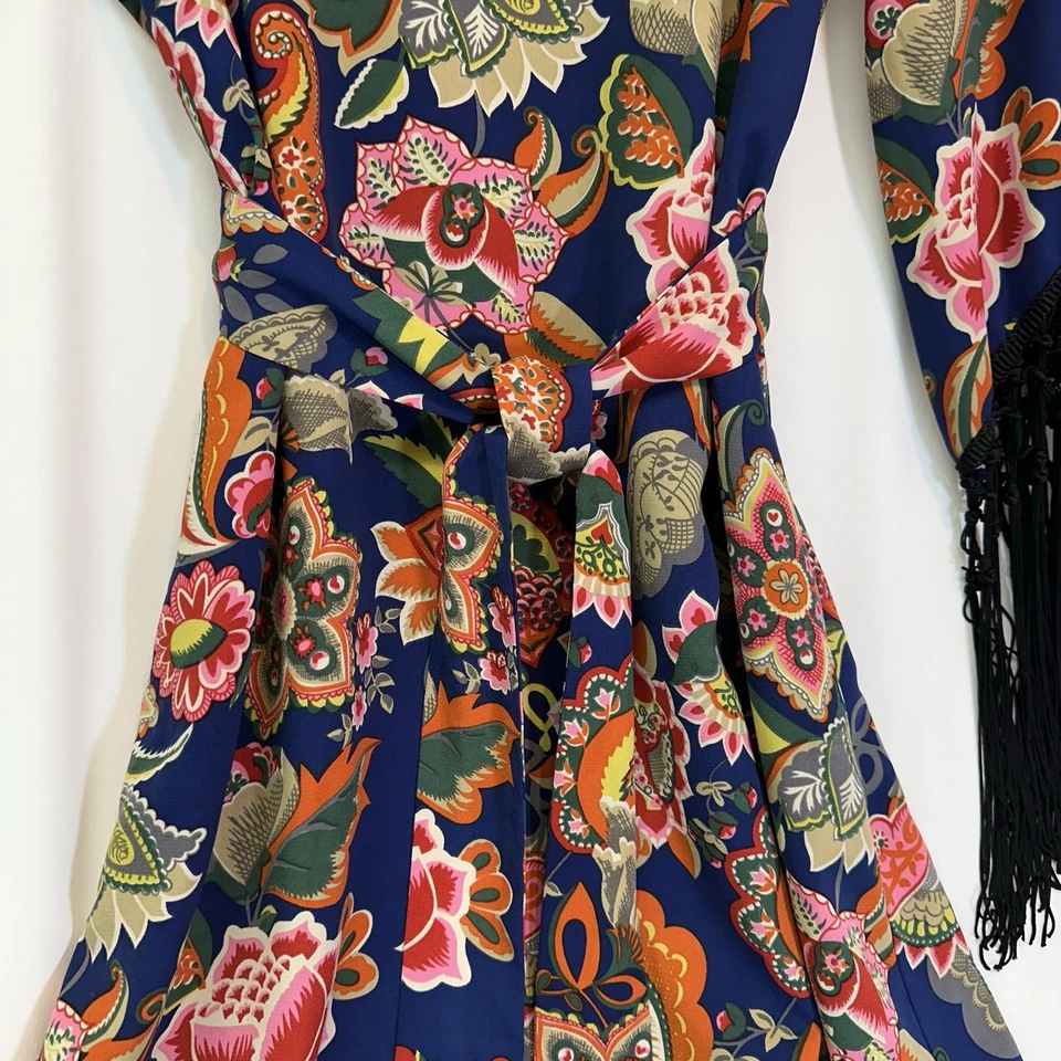 Voom By Joy Han Women’s S Boho Mini Dress Vibrant Blue Floral Fringe Sleeves - Image 4 of 4