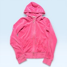 Juicy Couture Hoodie Womens Medium Pink Velour Rhinestone J Full Zip Jacket Y2K