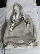 The Sak Woven Crochet Tote Bag Cream White Leather Trim Shoulder Bag 