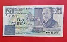 Rare 1990 Northern Bank Limited, Northern Ireland UK 5 (Five)  Irish Pounds UNC