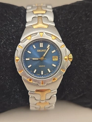 Seiko 27mm Blue Dial Two Tone 100m Quartz Womens Watch 7N82-6E60