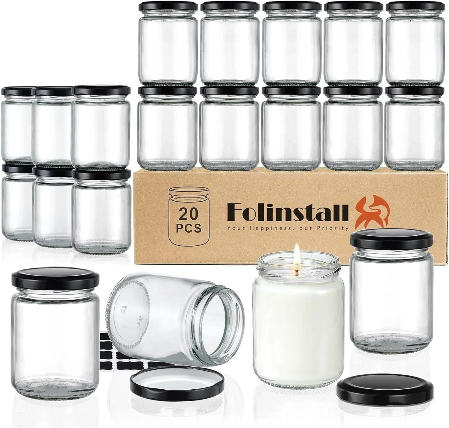8 oz Small Glass Jars with Airtight Lids, 20 Pcs Candle for Making, Wedding