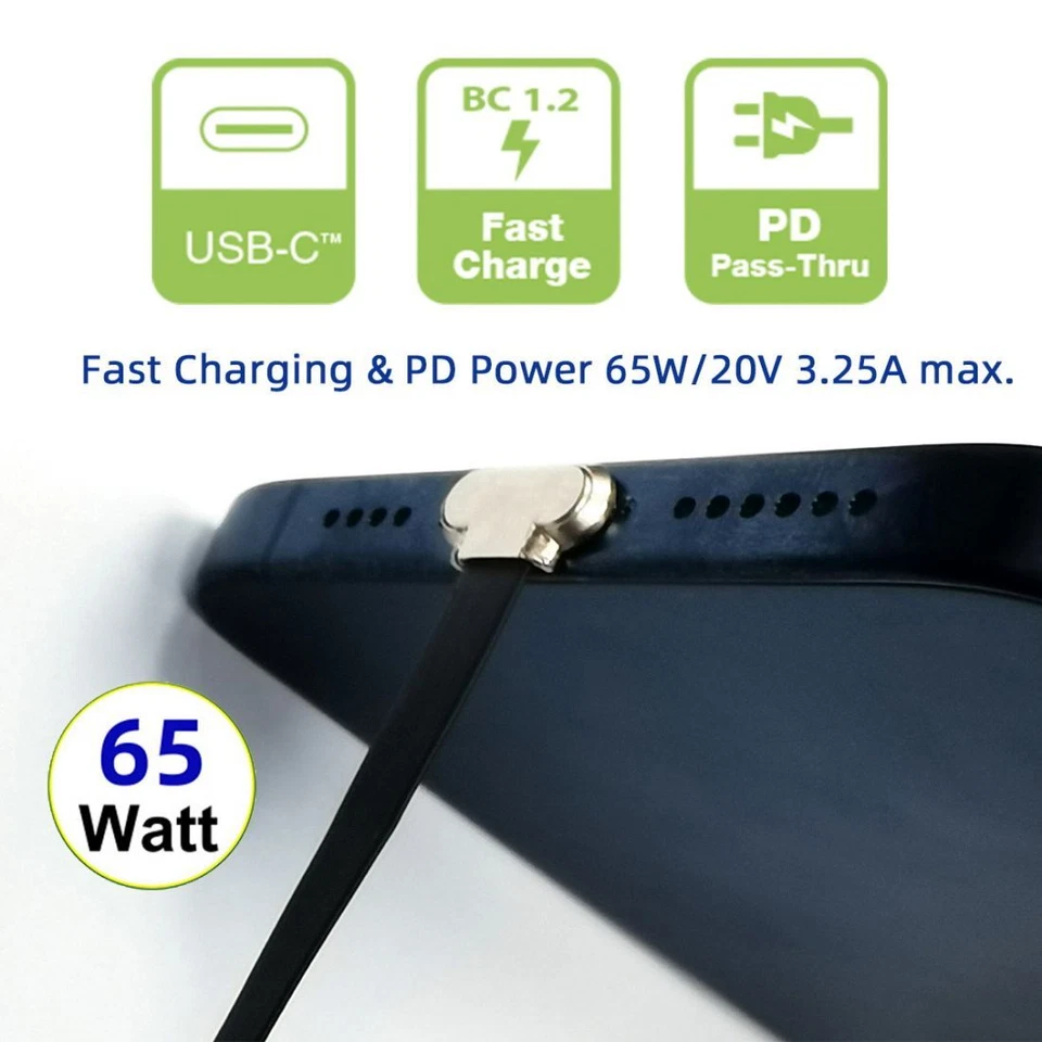 Angled USB-C Type C to USB-C Ultra Slim Flat Power USB2.0 Data Cable 65W Fast - Image 2 of 4