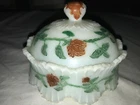 Antique MILK White GLASS Red/Green FLOWER Rose POPPY Trinket DISH Foot BOWL Lid