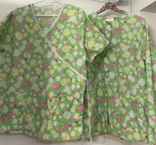 AllHeart Scrub Top Women s L And Long Slv Snap Front Pockets Green Circles Set