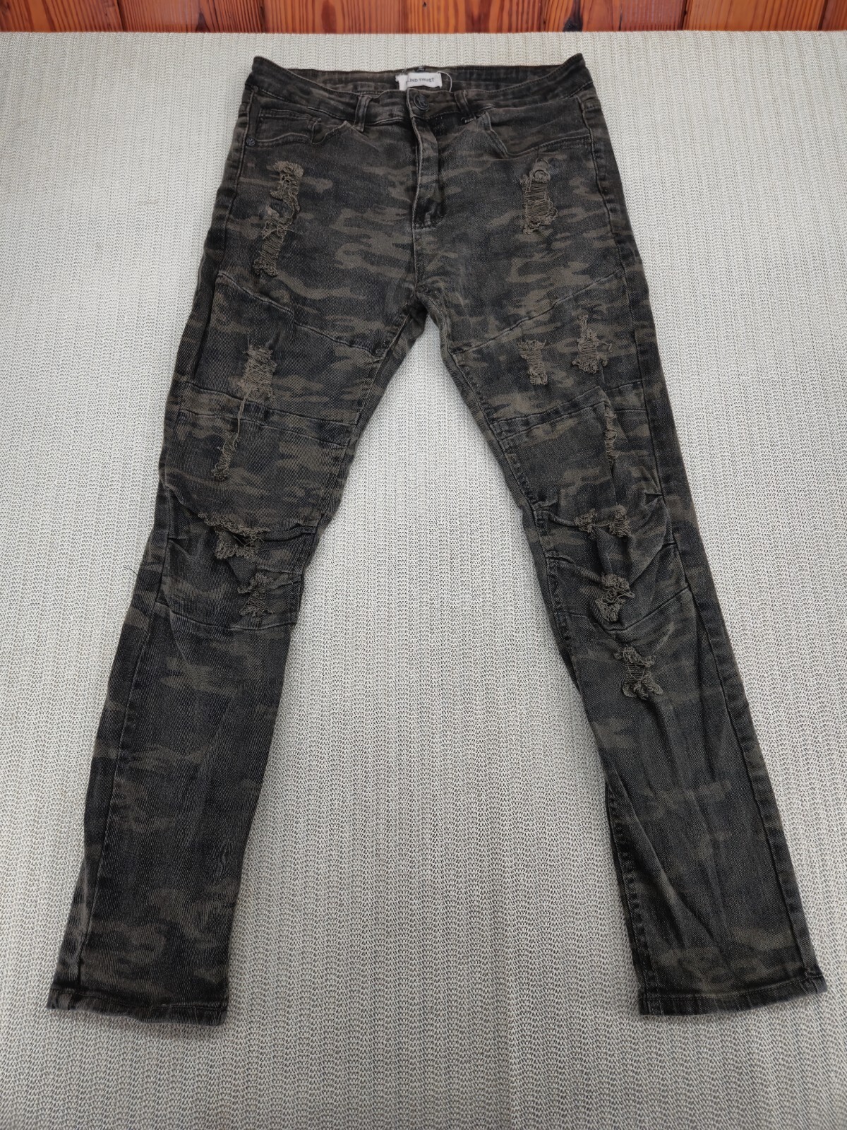 Pantalones de mezclilla Blind Trust para hombre 34x32 verde camuflaje desgastados hip hop ropa de calle