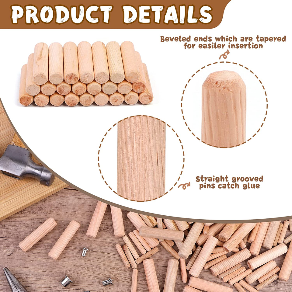 500 Pcs Wood Dowel Pins, Wood Dowels Assorted Sizes, Fluted Wooden