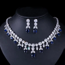 Dark Blue CZ Necklace Earrings Big Tassel Dangle Drop Bridal Pageant Jewelry Set