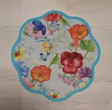geblümtes Deckchen in Blütenform 32 cm mit Baumwollband in blau